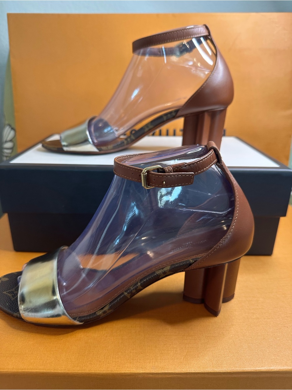 Louis Vuitton Brown and Gold Clear Ankle-Strap Block Heels - Picture 1 of 8